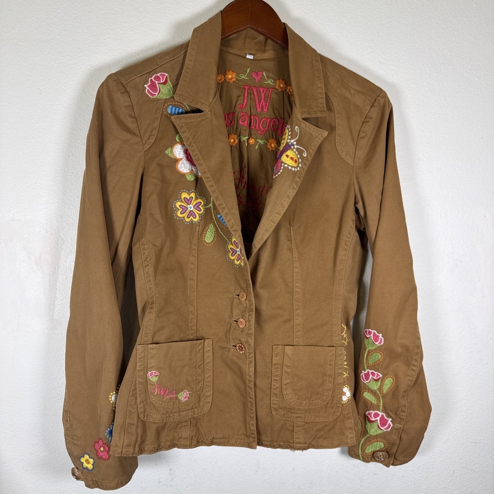 Johnny Was JW Los Angeles Tan Embroidered Western Cut Jacket Womens Sz Medium